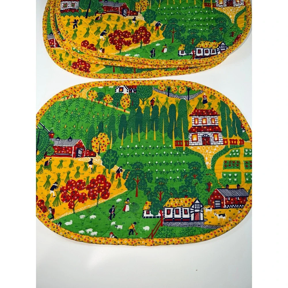 Farm Folk Art Quilted Placemats Green Yellow‎ Set of 4 Cottagecore Farmer Calico